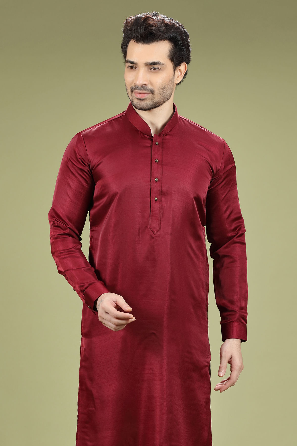 Wine Red Silk Kurta Pajama (2-Piece) - Image 2