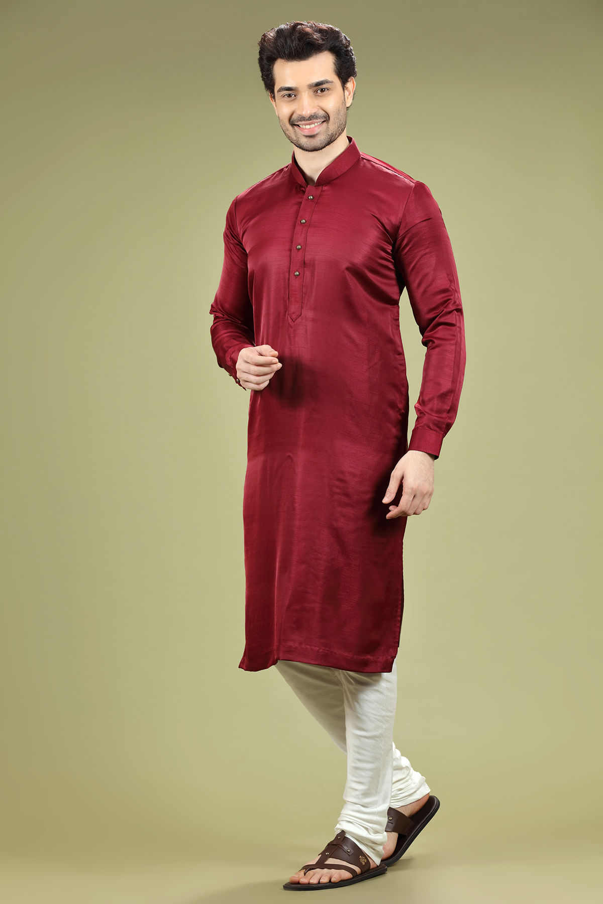 Wine Red Silk Kurta Pajama (2-Piece) - Image 3