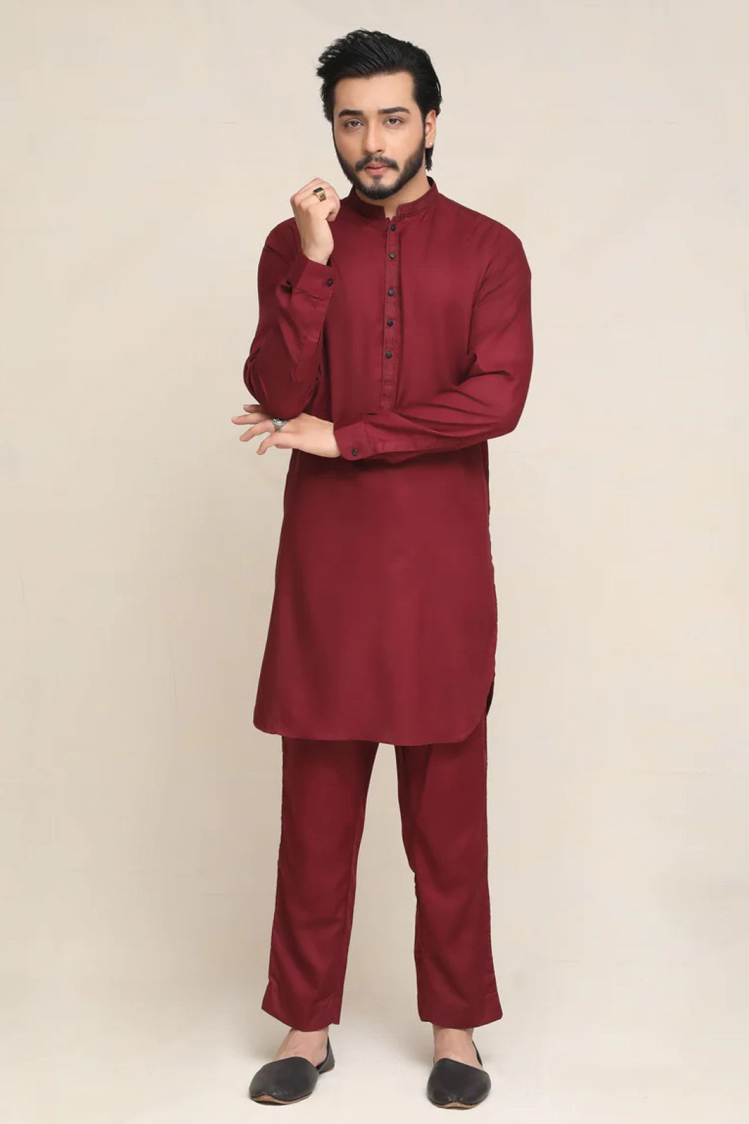 Maroon Wash-&-Wear Kurta Pajama (2-Piece) - Image 1