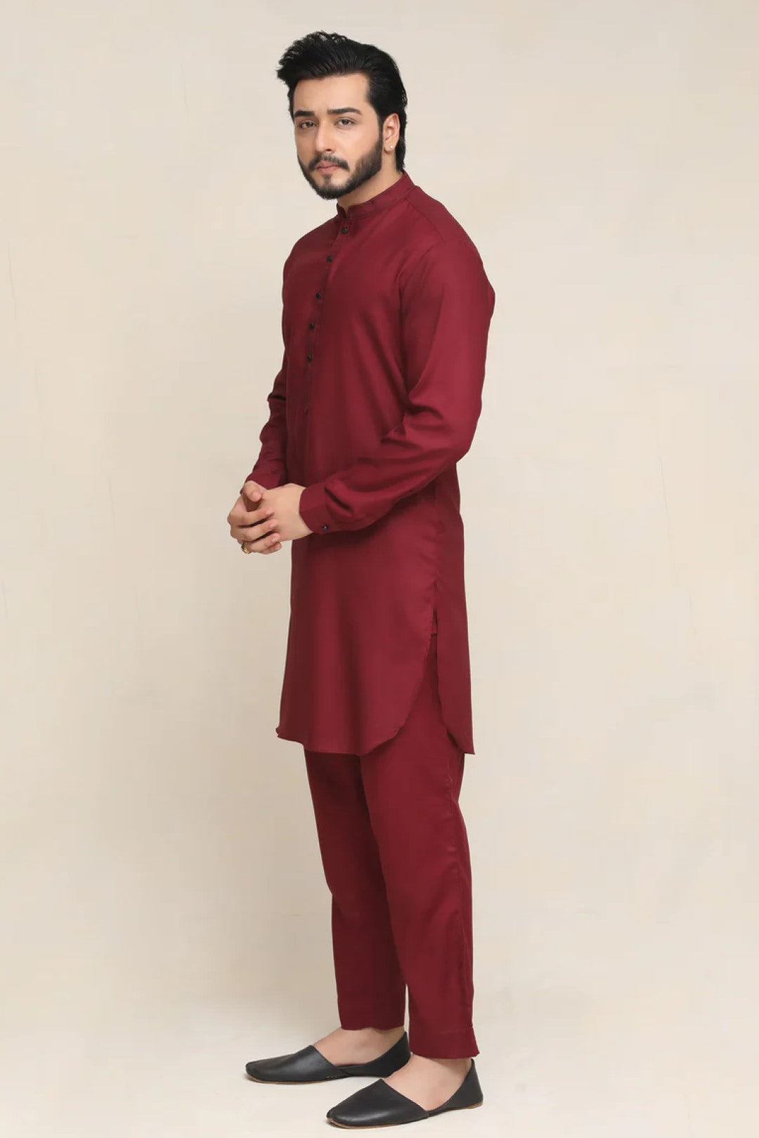 Maroon Wash-&-Wear Kurta Pajama (2-Piece) - Image 2
