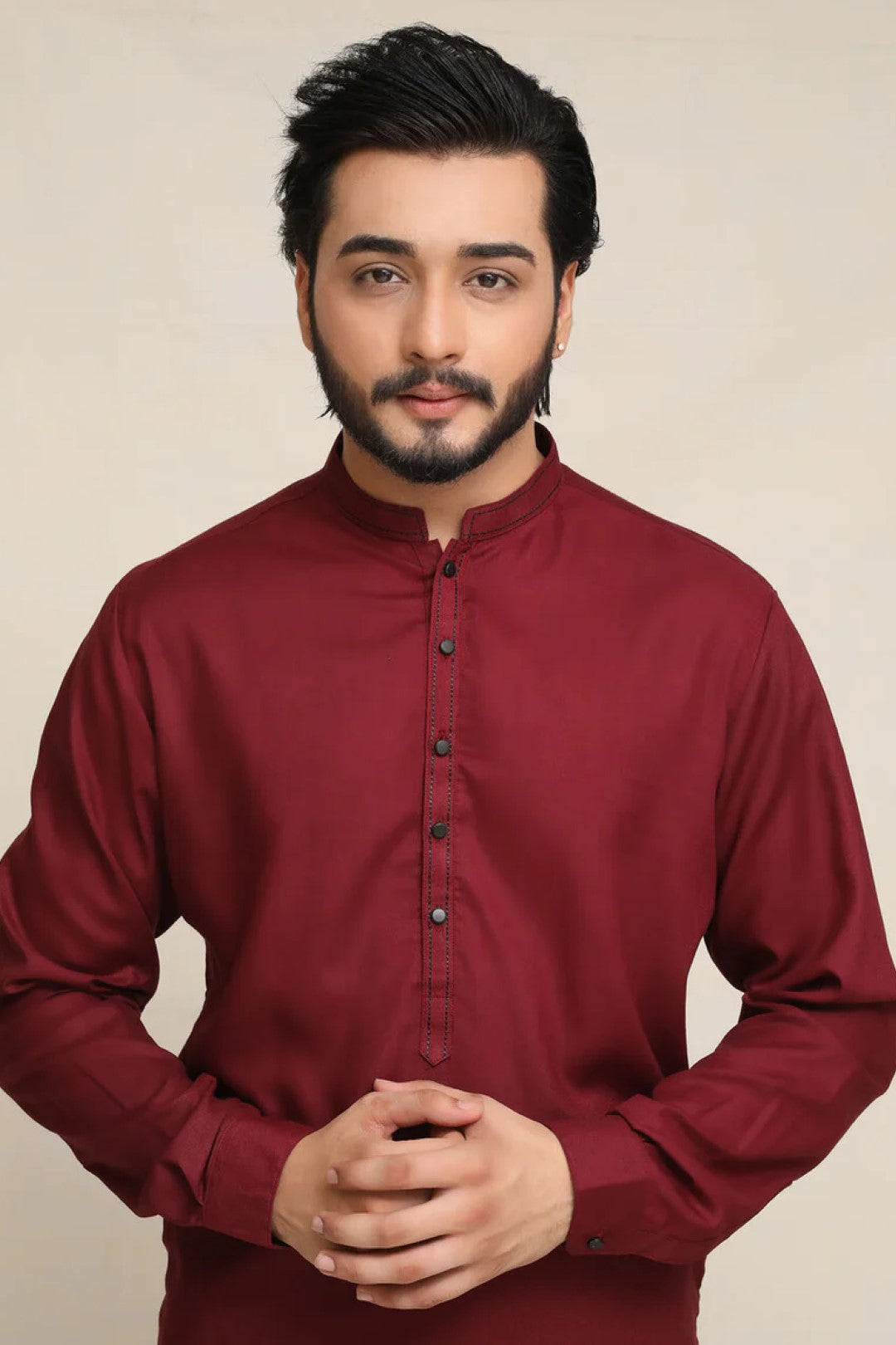 Maroon Wash-&-Wear Kurta Pajama (2-Piece) - Image 3