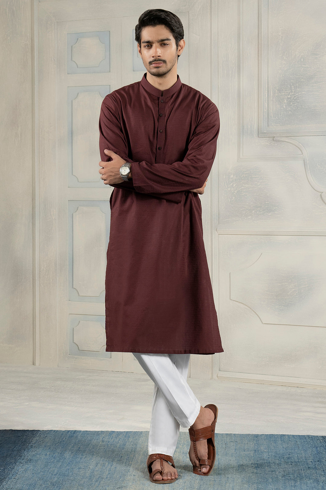 Mehroon Wash & Wear Straight-Cut Kurta (2-Piece) - Image 2