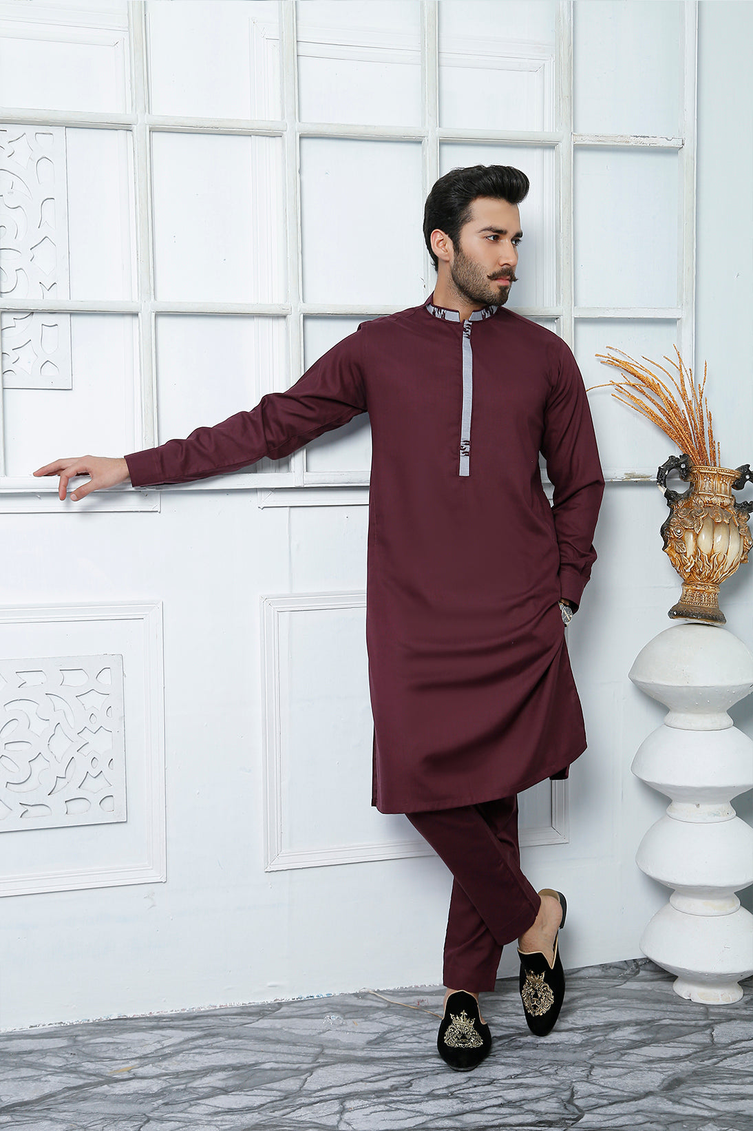 Maroon Embellished Wash n Wear Kurta Pajama (2-Piece) - Image 1