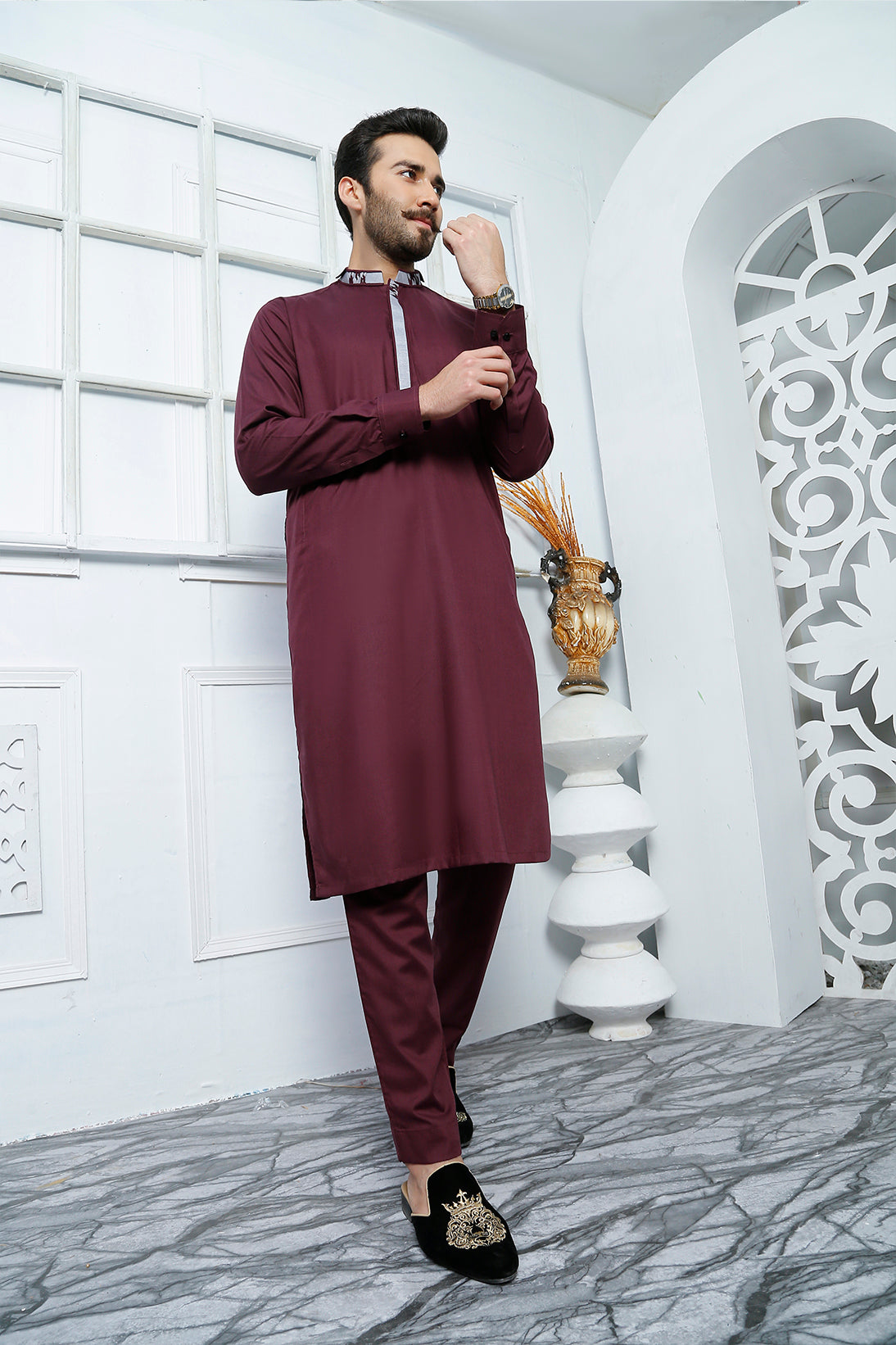Maroon Embellished Wash n Wear Kurta Pajama (2-Piece) - Image 3