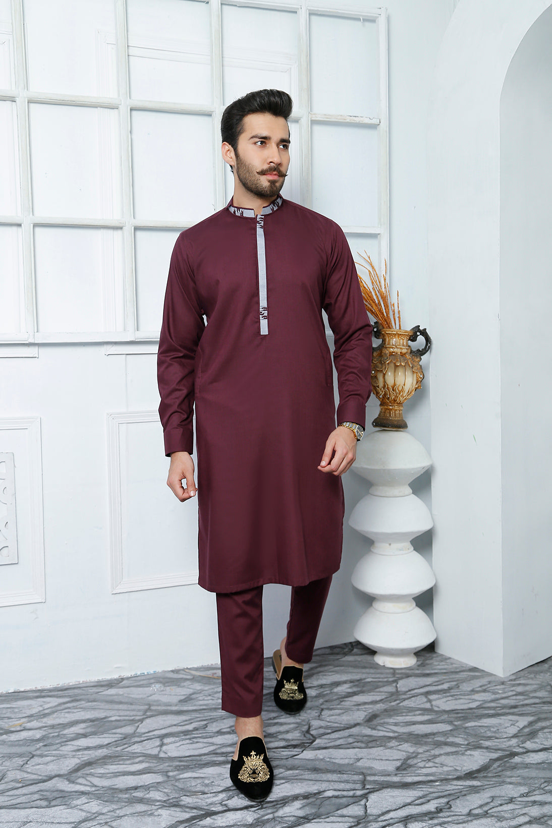 Maroon Embellished Wash n Wear Kurta Pajama (2-Piece) - Image 4