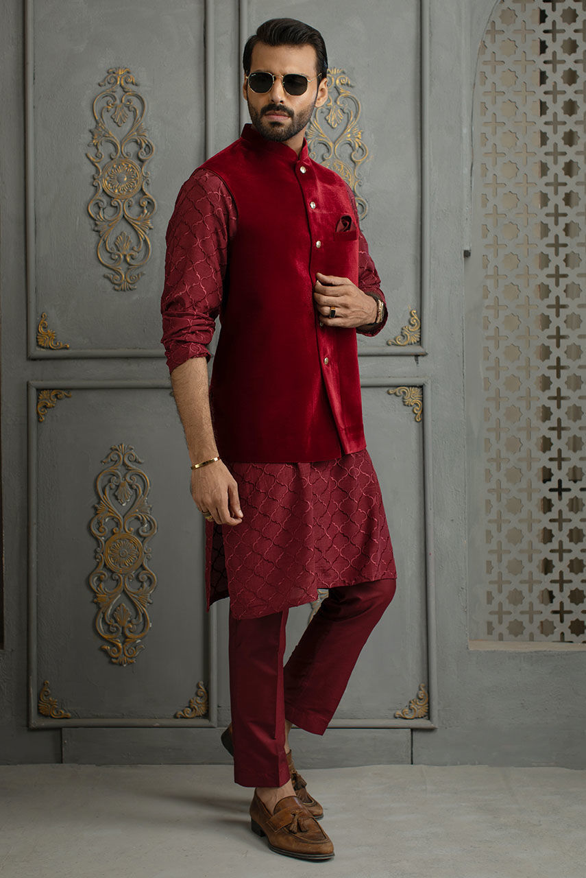 Maroon Embroidered Raw Silk Kurta Set (2-Piece) - Image 5