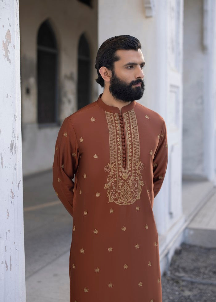 Rust Thread-Embroidered Pure Silk Kurta (2-Piece) - Image 1
