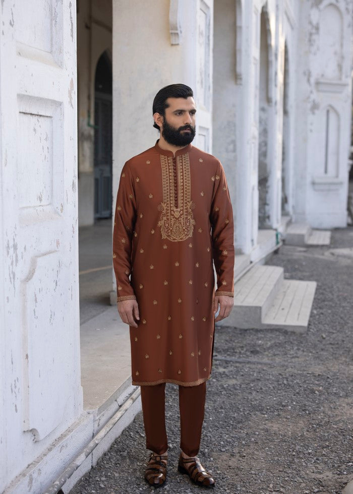 Rust Thread-Embroidered Pure Silk Kurta (2-Piece) - Image 2