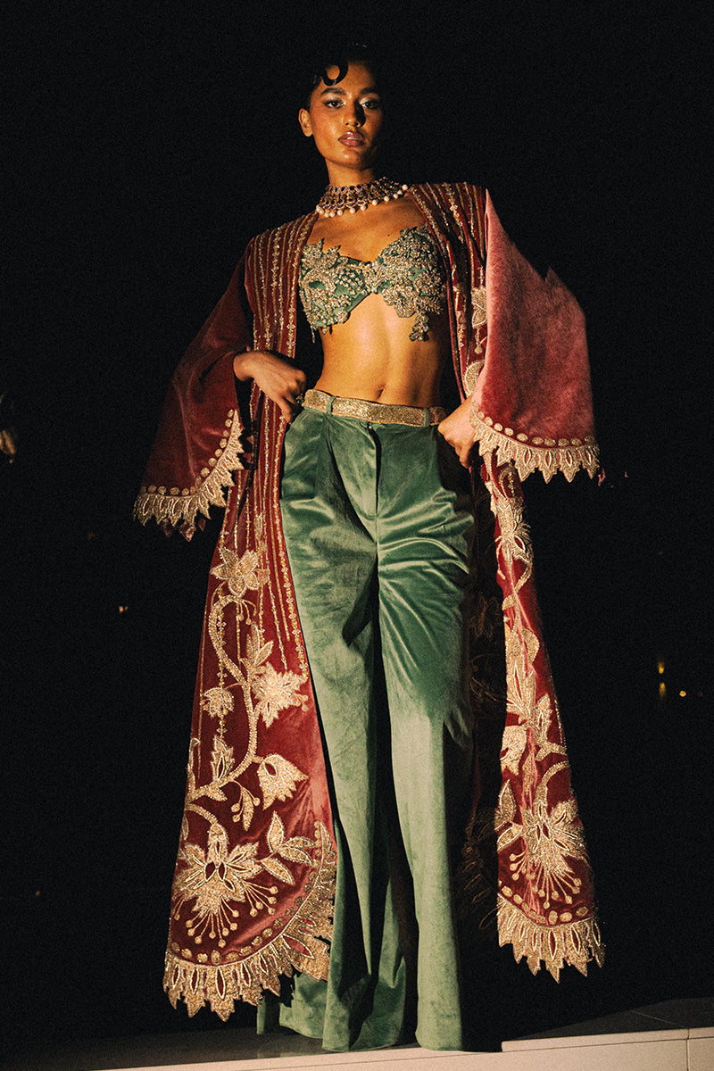 Maroon Gold Embroidered Velvet Long Jacket (2-Piece) - Image 1