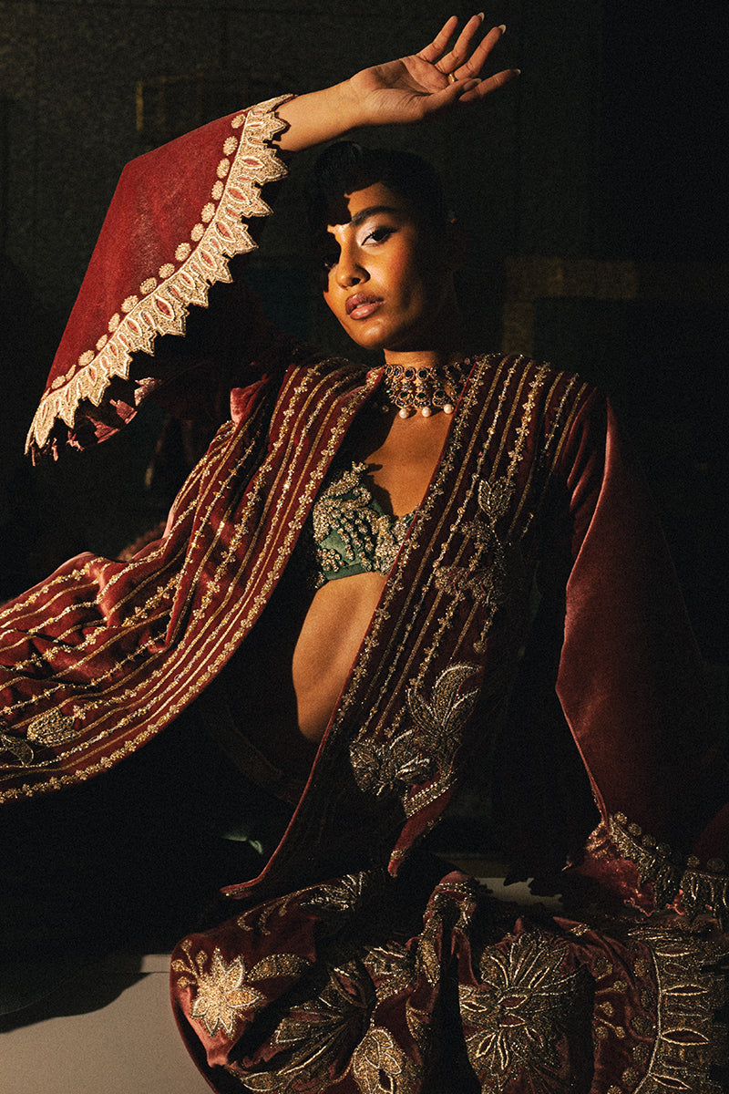 Maroon Gold Embroidered Velvet Long Jacket (2-Piece) - Image 2