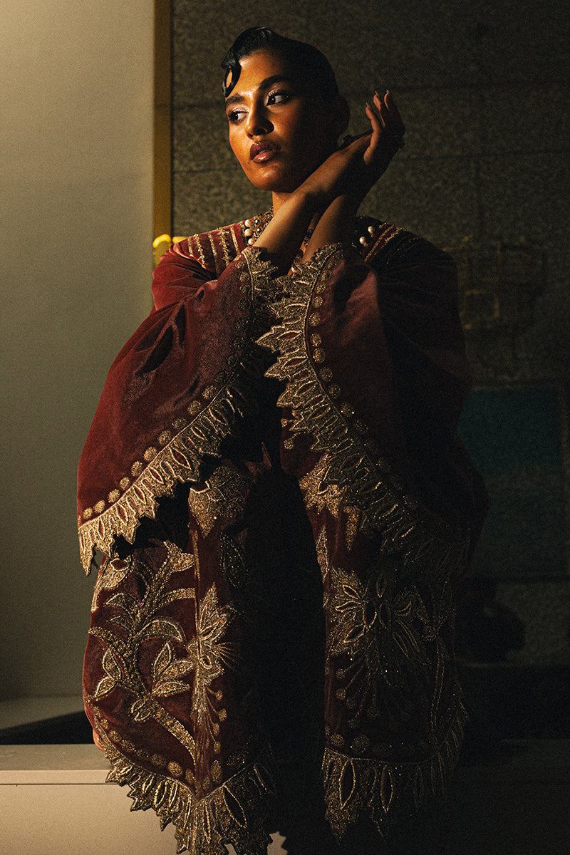 Maroon Gold Embroidered Velvet Long Jacket (2-Piece) - Image 3