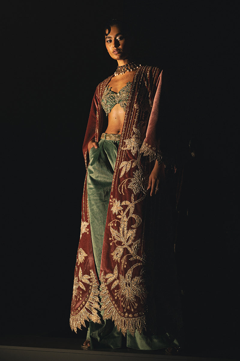 Maroon Gold Embroidered Velvet Long Jacket (2-Piece) - Image 4