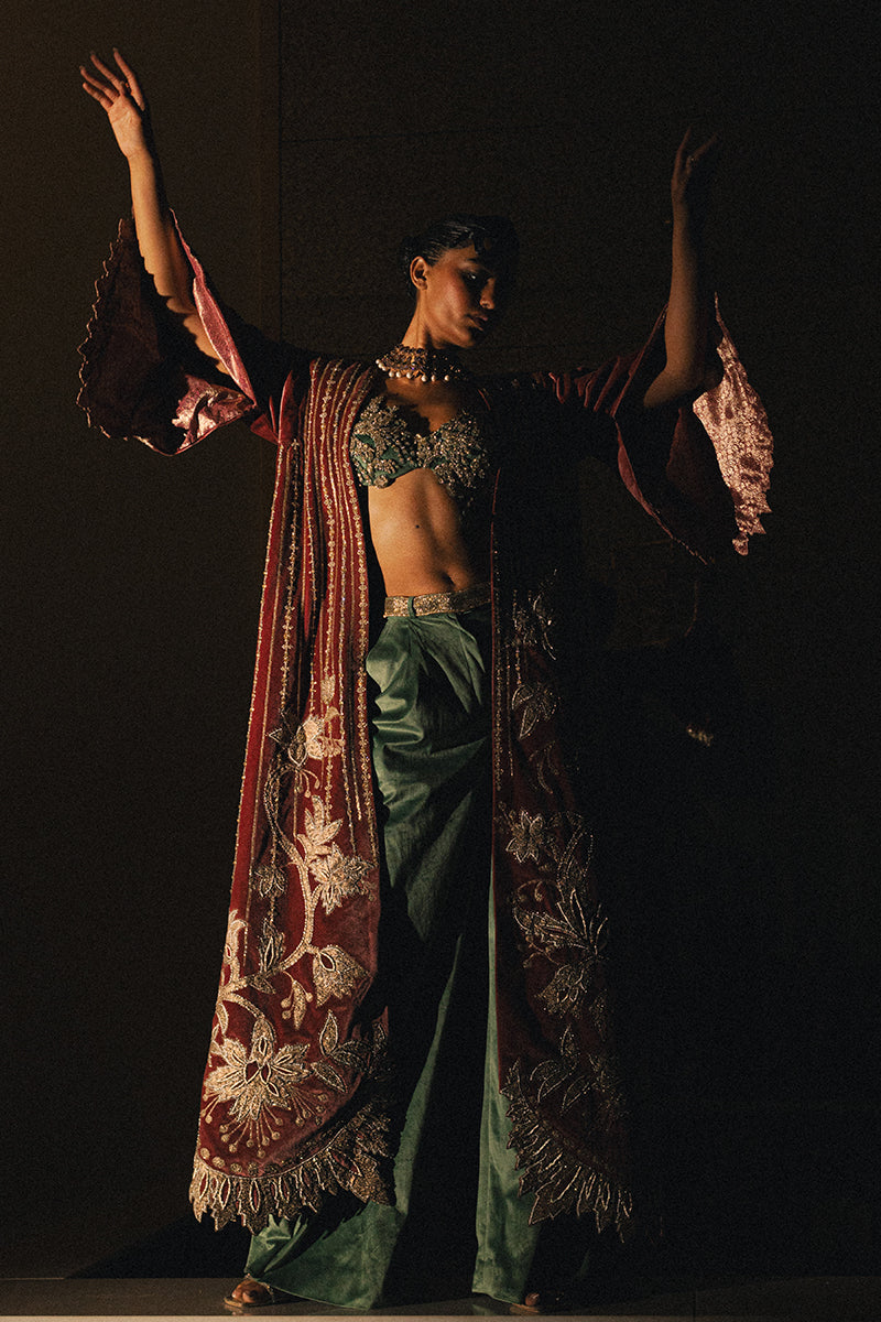 Maroon Gold Embroidered Velvet Long Jacket (2-Piece) - Image 5