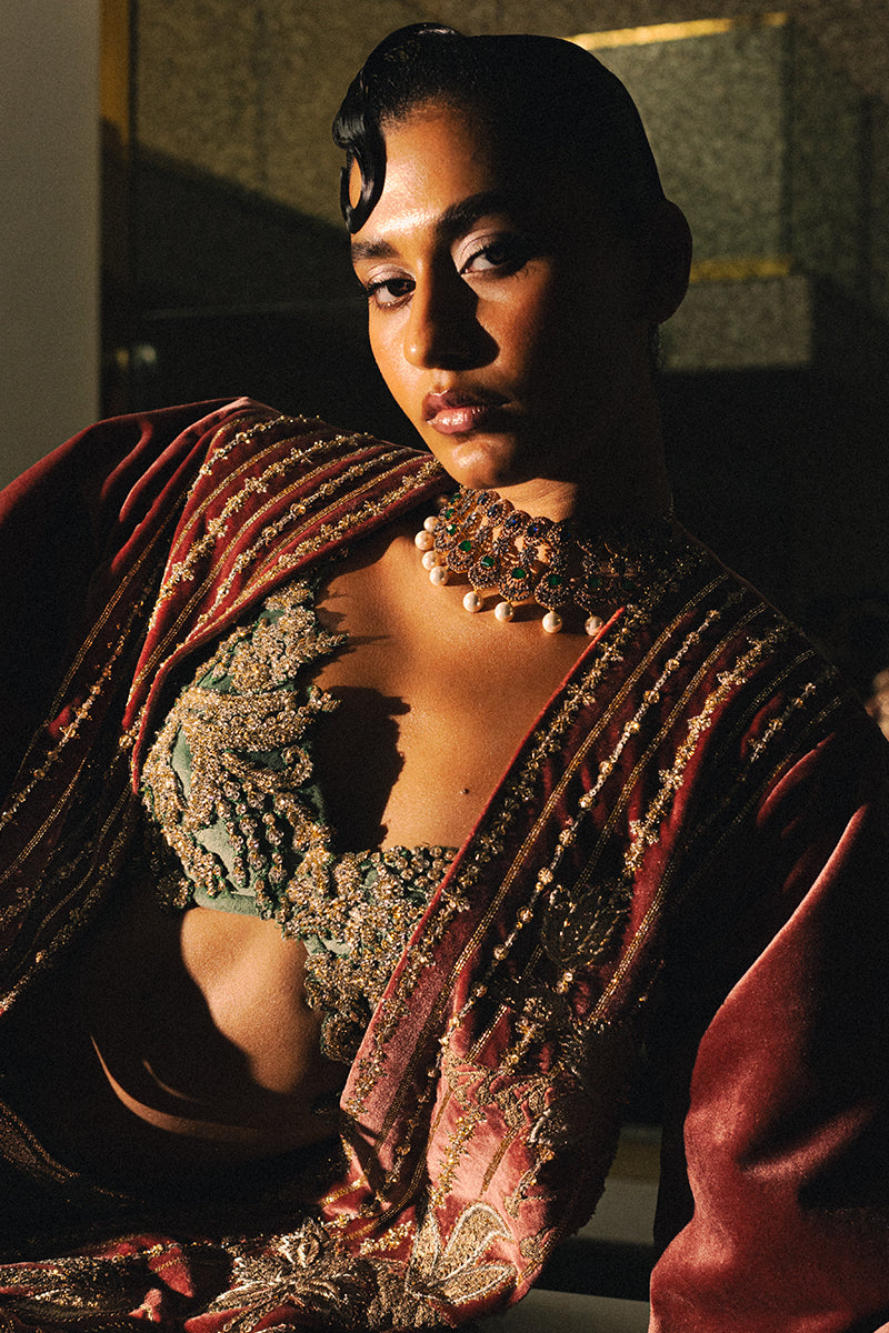 Maroon Gold Embroidered Velvet Long Jacket (2-Piece) - Image 7