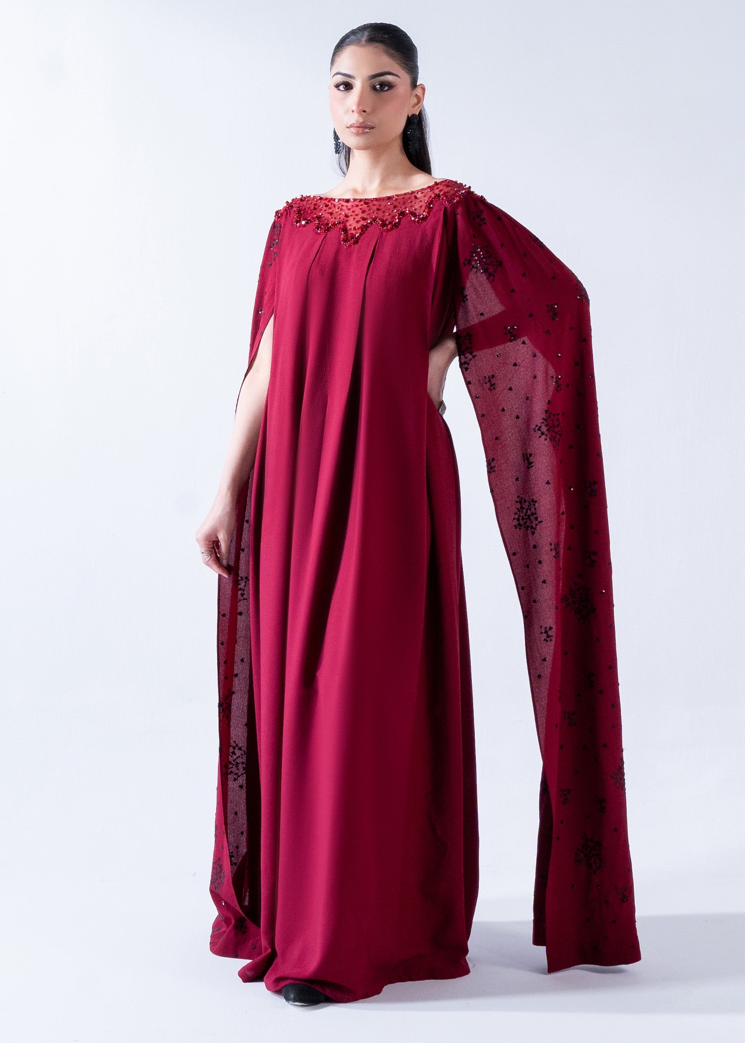 Pakistani Mehroon Embellished Korean Poly Chiffon Maxi (2-Piece) - Image 1