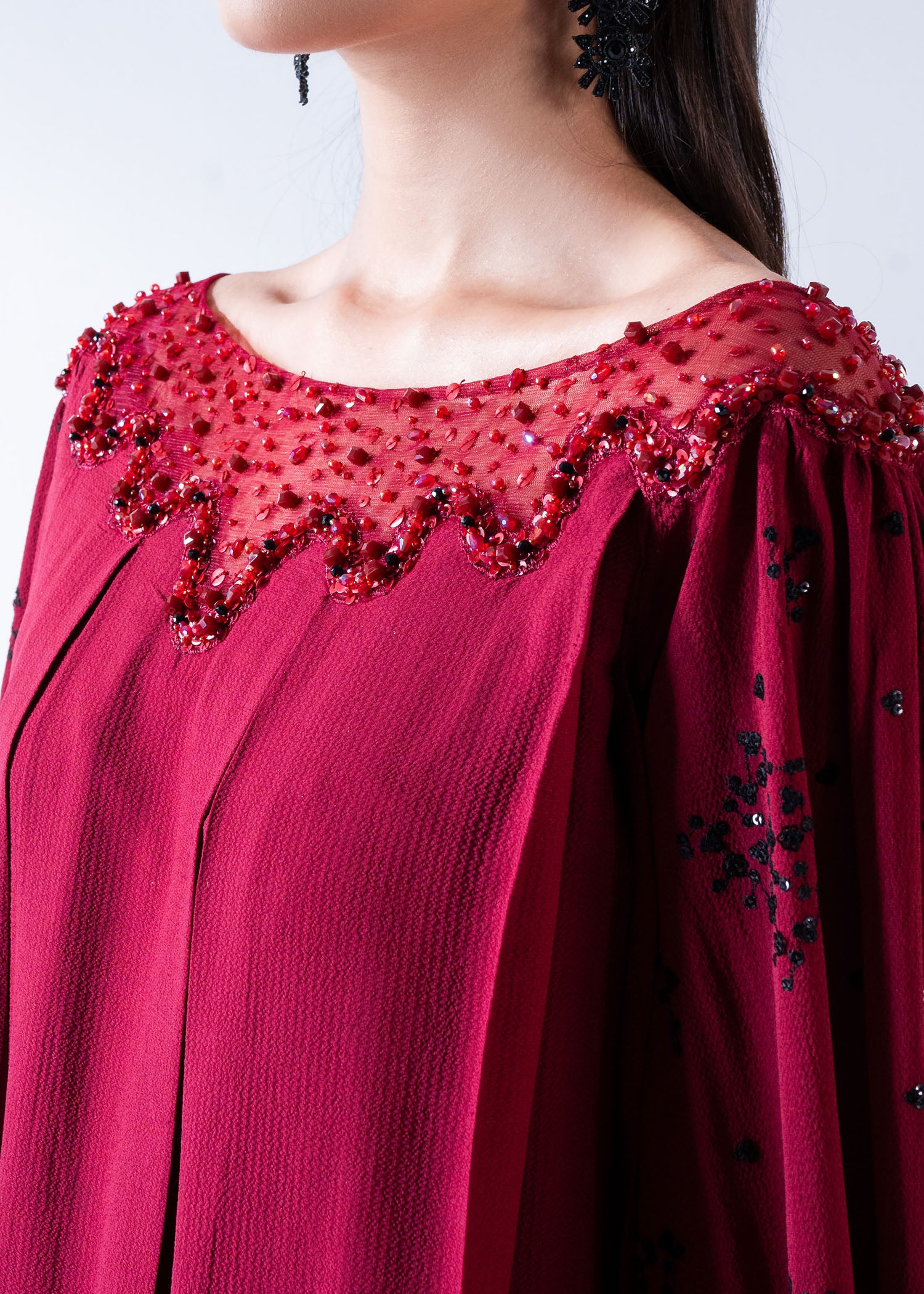 Pakistani Mehroon Embellished Korean Poly Chiffon Maxi (2-Piece) - Image 3