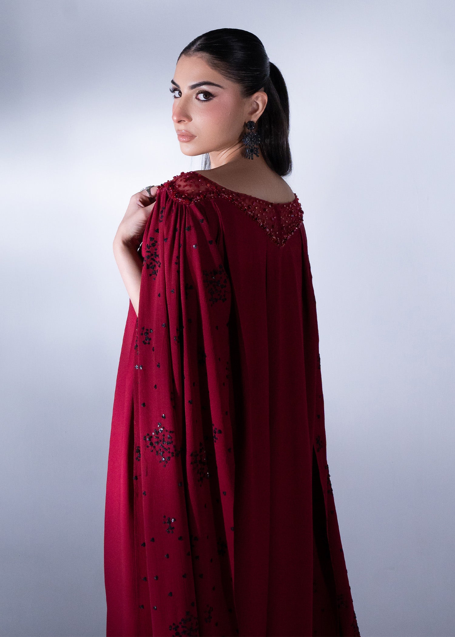 Pakistani Mehroon Embellished Korean Poly Chiffon Maxi (2-Piece) - Image 4