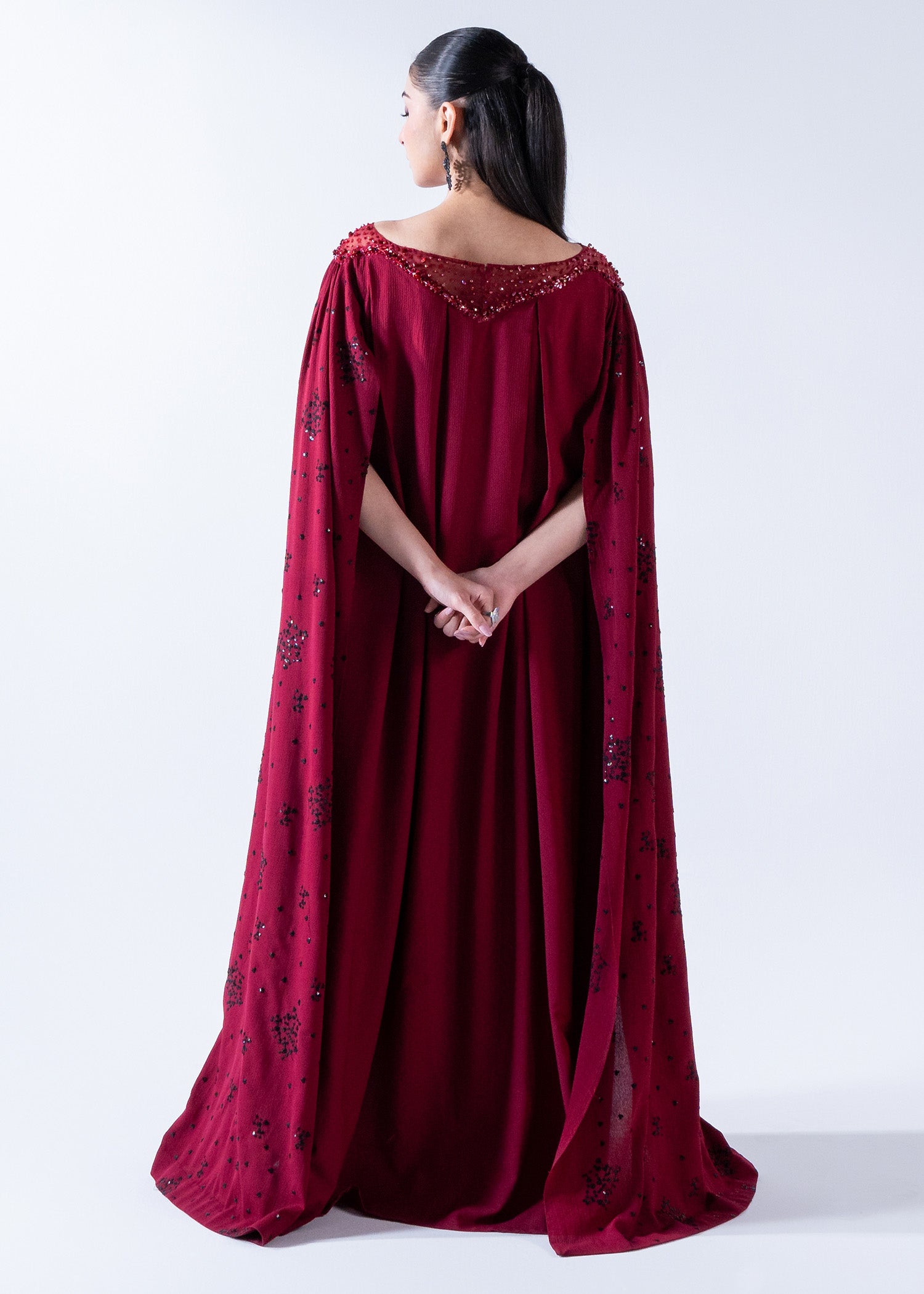 Pakistani Mehroon Embellished Korean Poly Chiffon Maxi (2-Piece) - Image 6