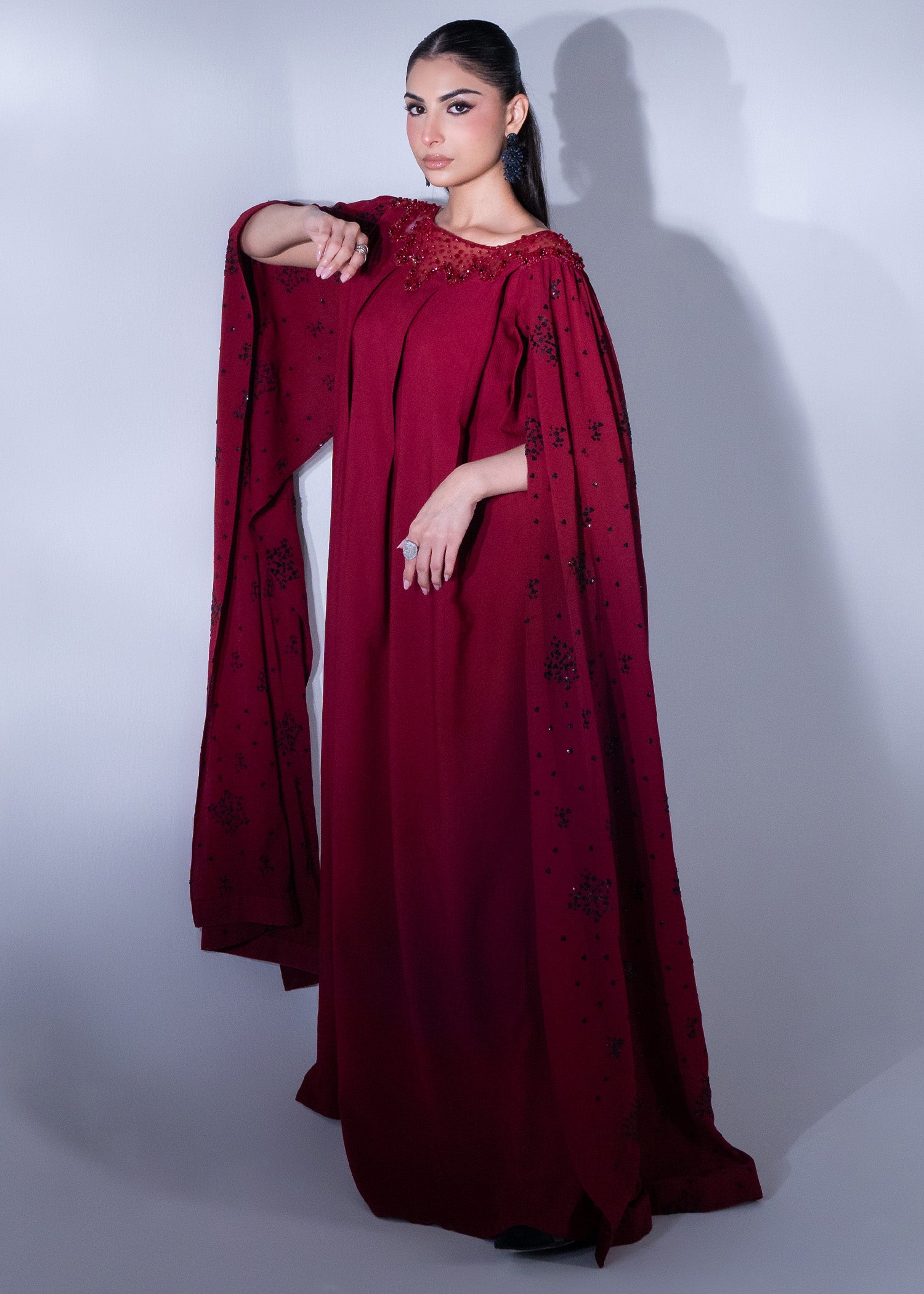 Pakistani Mehroon Embellished Korean Poly Chiffon Maxi (2-Piece) - Image 7