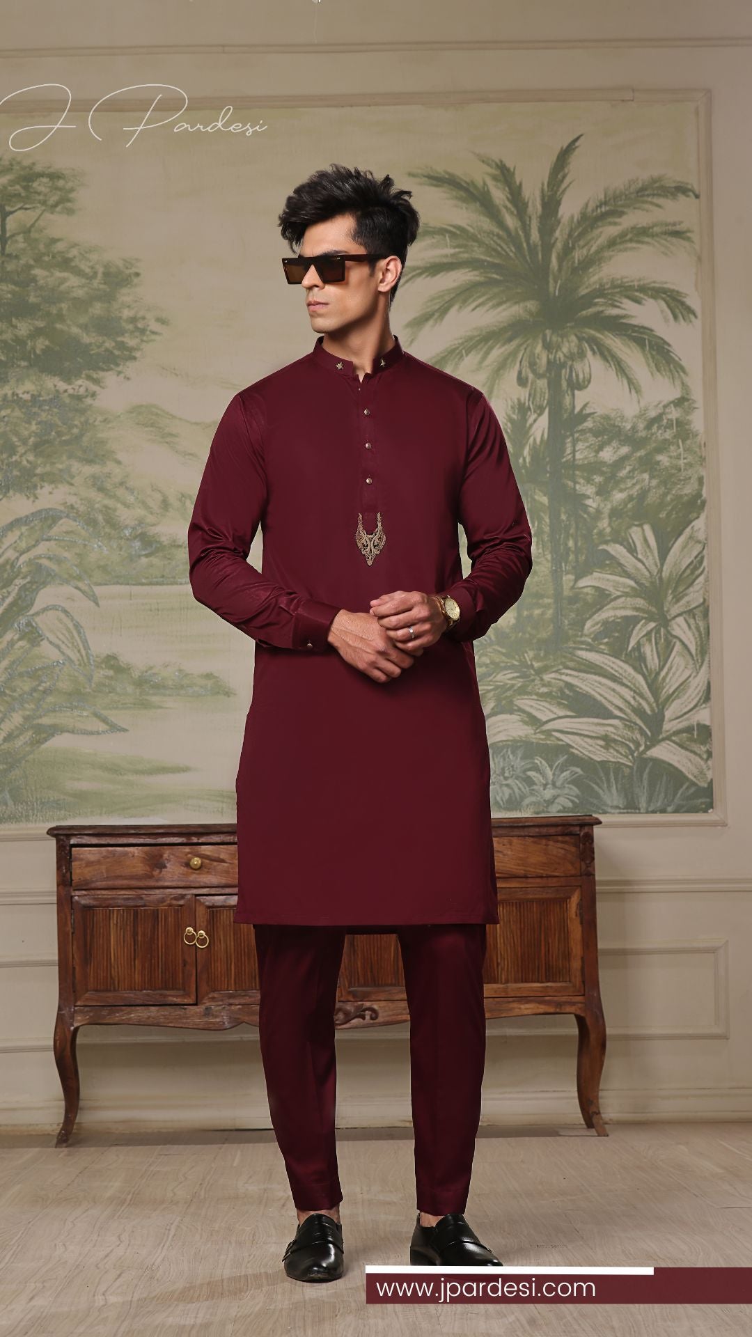 Maroon Hand-Embroidered Cotton Kurta Pajama (2-Piece) - Image 1