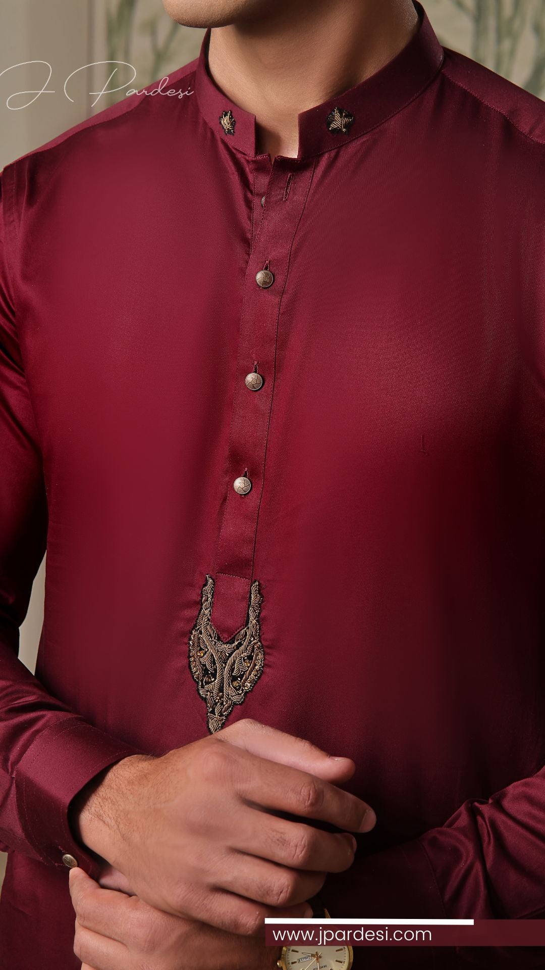 Maroon Hand-Embroidered Cotton Kurta Pajama (2-Piece) - Image 2