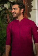 Cranberry Self-Embroidered Cotton Kurta (2-Piece) - Image 3