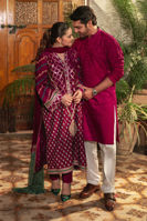 Cranberry Self-Embroidered Cotton Kurta (2-Piece) - Image 4
