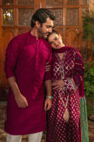 Cranberry Self-Embroidered Cotton Kurta (2-Piece) - Image 5