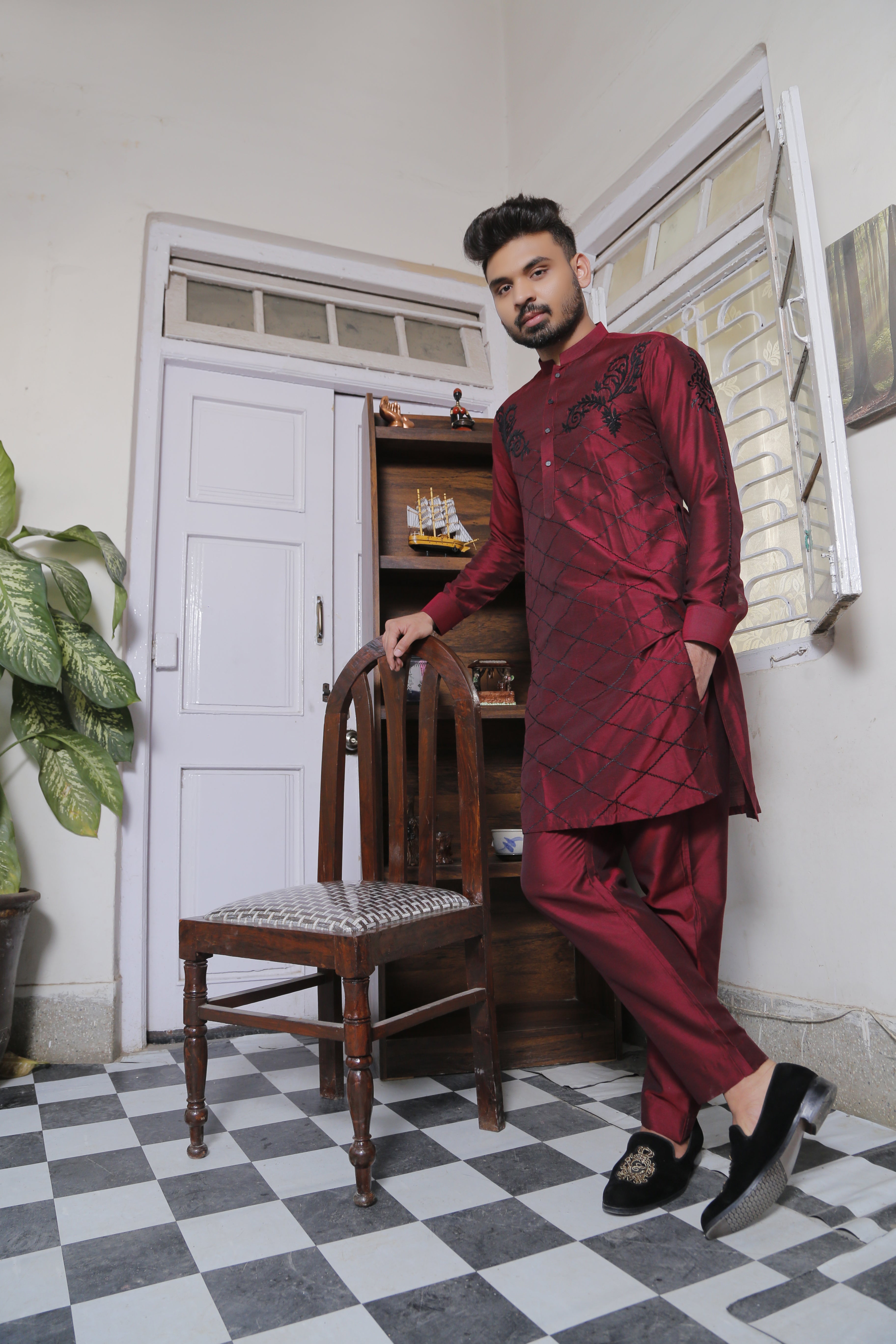 Maroon Embroidered Cotton Silk Kurta Pajama (2-Piece) - Image 1