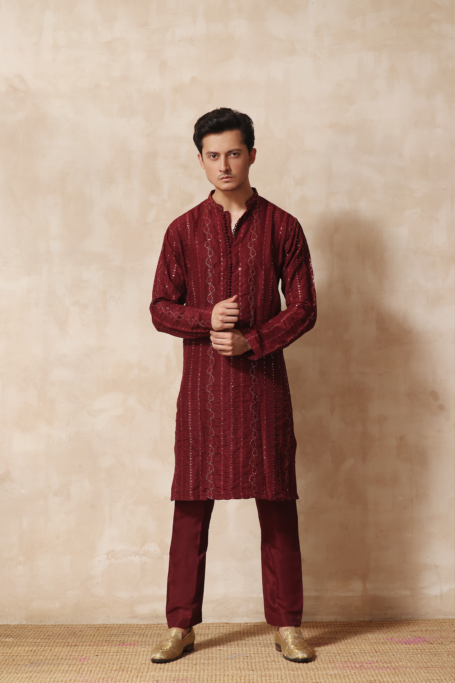Maroon Chikankari Embroidered Cotton-Silk Kurta (2-Piece) - Image 1