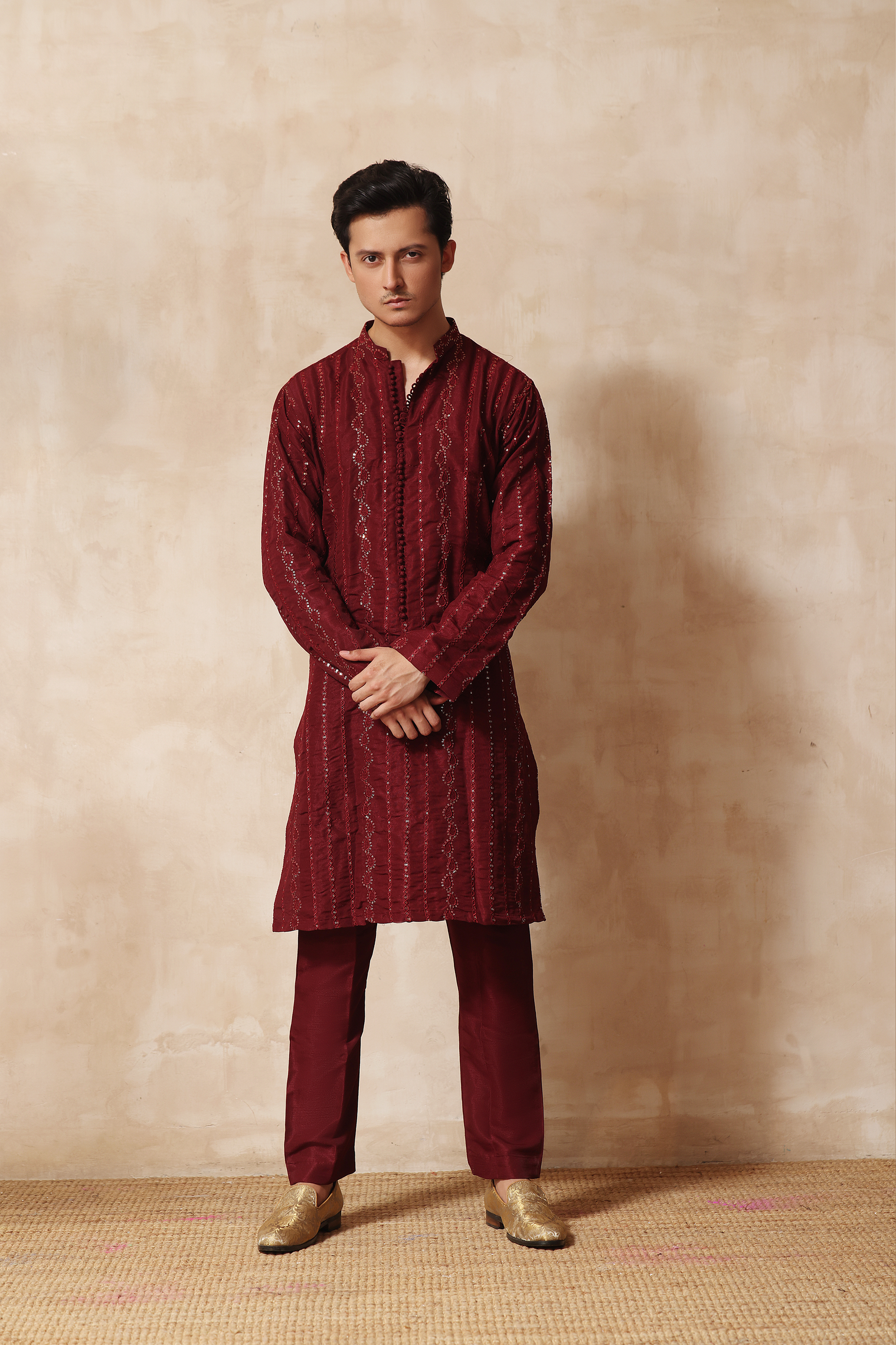 Maroon Chikankari Embroidered Cotton-Silk Kurta (2-Piece) - Image 2