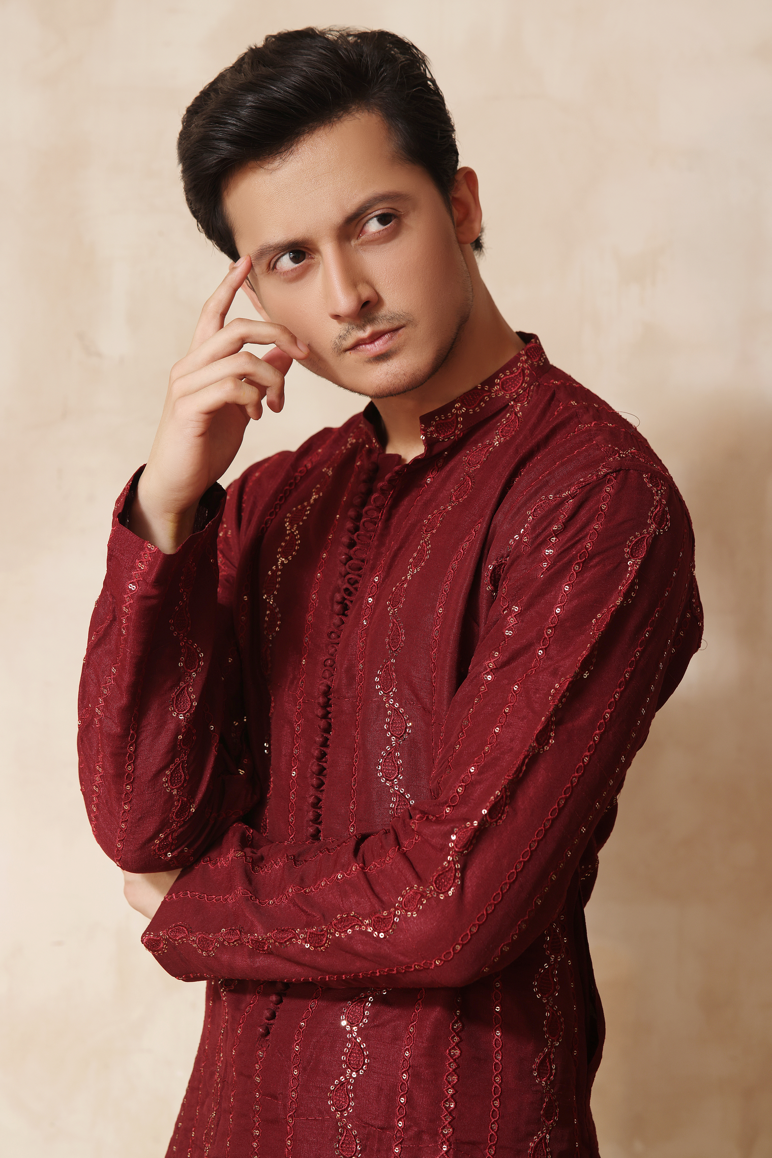 Maroon Chikankari Embroidered Cotton-Silk Kurta (2-Piece) - Image 3