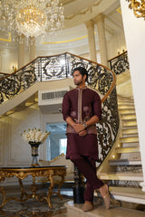Maroon Embroidered Cotton-Silk Kurta Trouser (2-Piece) - Image 2