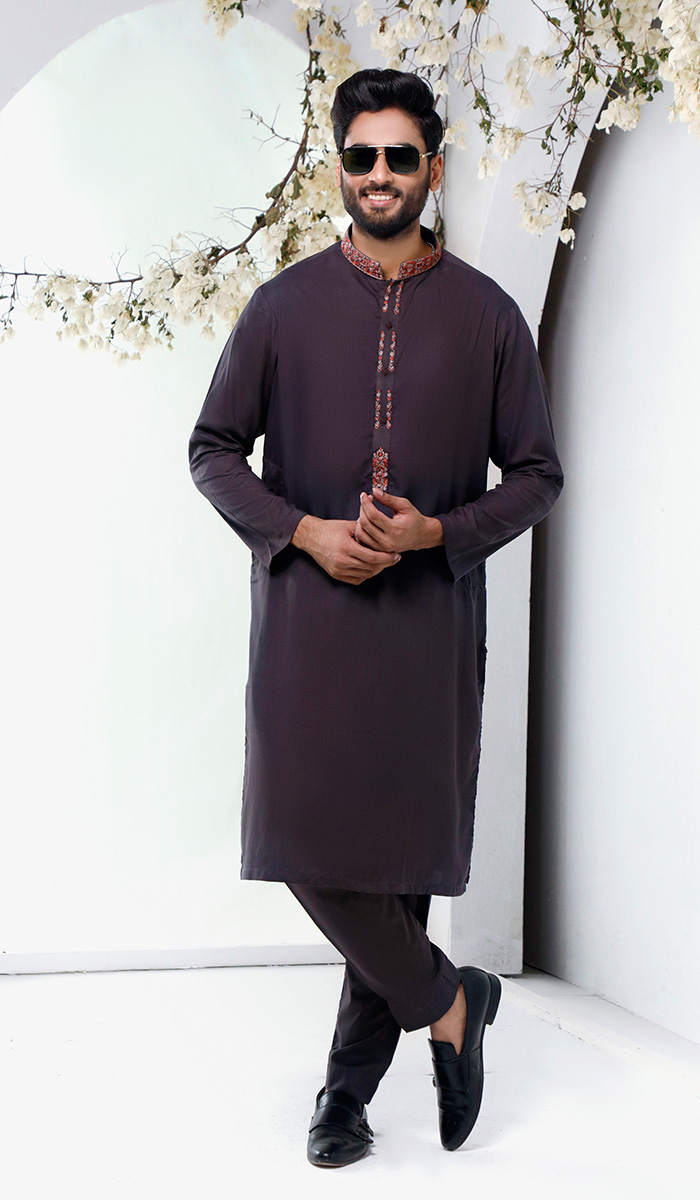 Mahogany Embroidered Cotton-Silk Kurta (2-Piece) - Image 1
