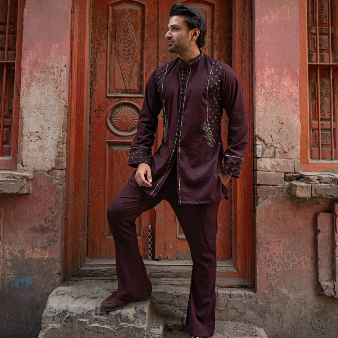 Maroon Embroidered Cotton-Silk Kurta Set (2-Piece) - Image 10