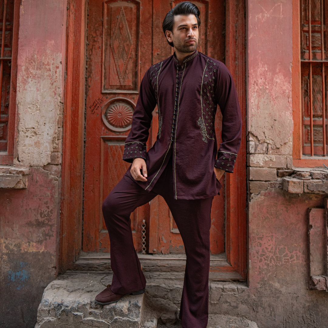 Maroon Embroidered Cotton-Silk Kurta Set (2-Piece) - Image 11