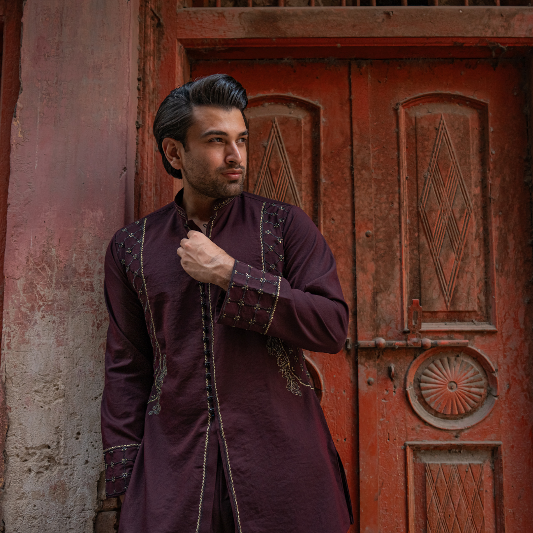 Maroon Embroidered Cotton-Silk Kurta Set (2-Piece) - Image 12