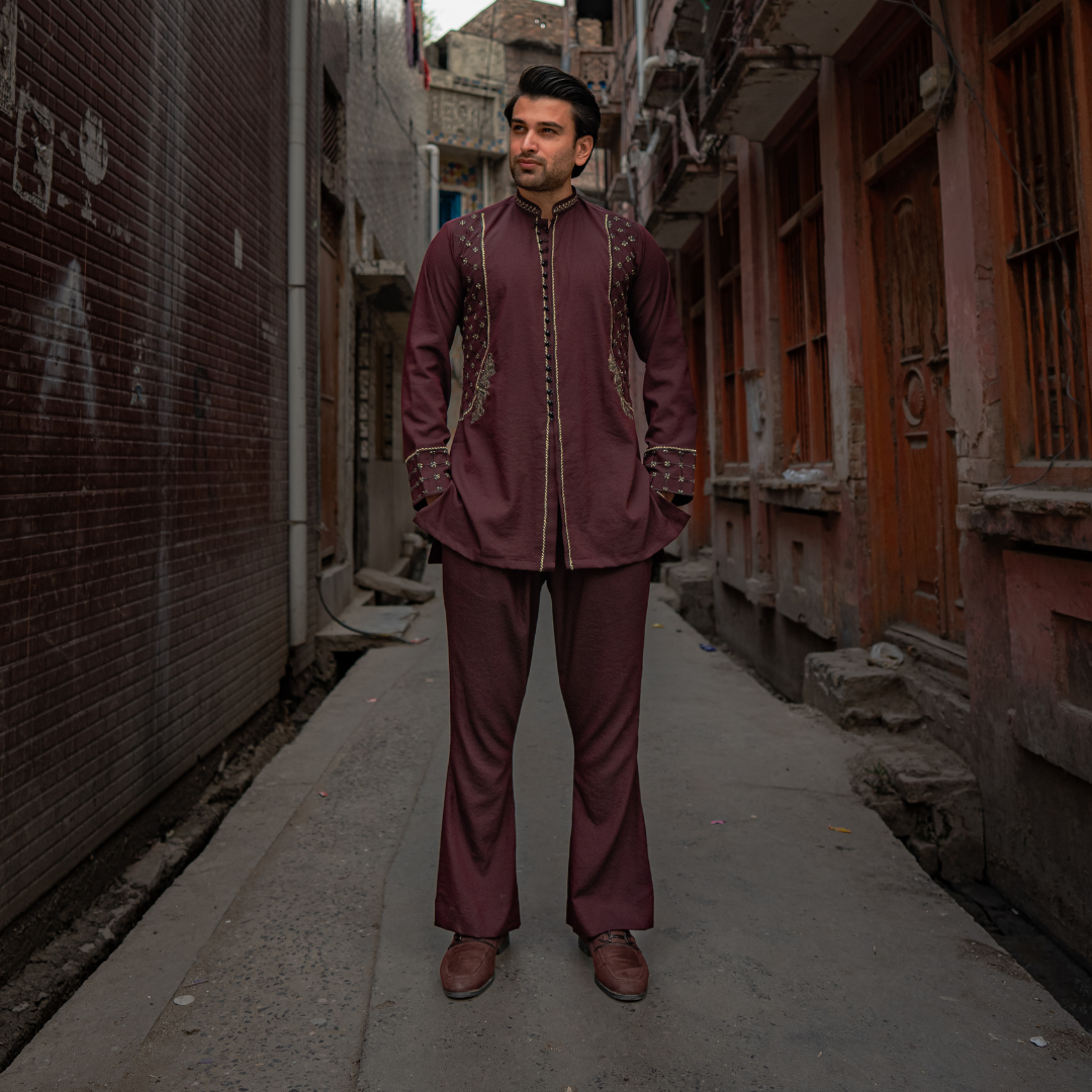 Maroon Embroidered Cotton-Silk Kurta Set (2-Piece) - Image 5