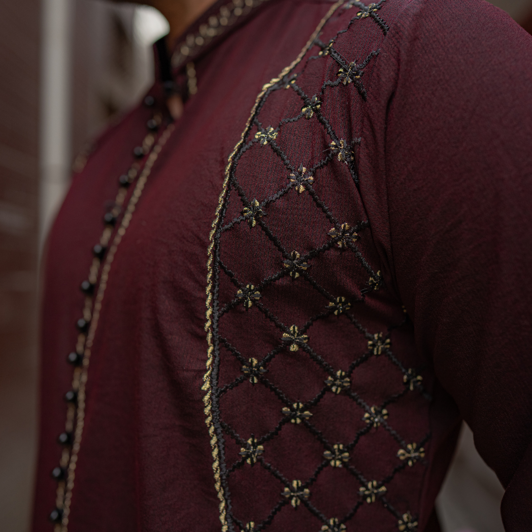 Maroon Embroidered Cotton-Silk Kurta Set (2-Piece) - Image 8