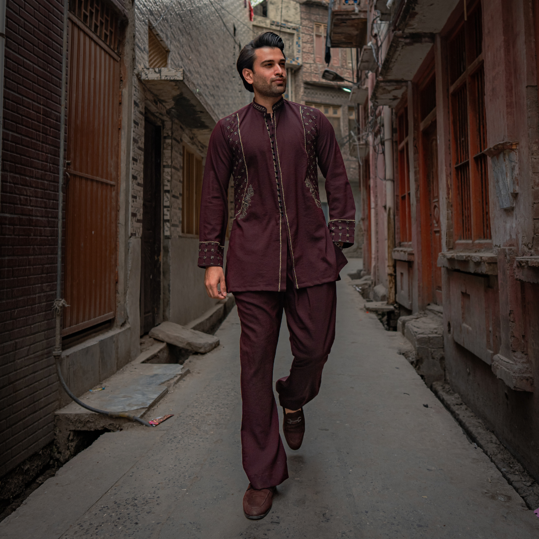 Maroon Embroidered Cotton-Silk Kurta Set (2-Piece) - Image 9