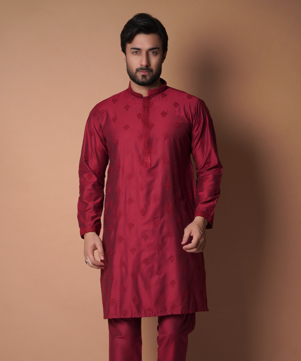 Maroon Embroidered Cotton-Silk Kurta Set (2-Piece) - Image 1