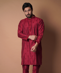 Maroon Embroidered Cotton-Silk Kurta Set (2-Piece) - Image 3