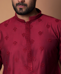 Maroon Embroidered Cotton-Silk Kurta Set (2-Piece) - Image 4