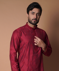 Maroon Embroidered Cotton-Silk Kurta Set (2-Piece) - Image 5