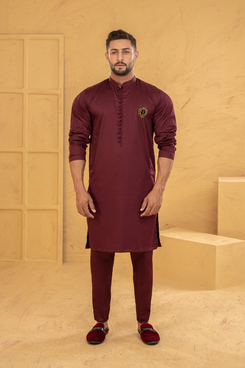 Cardinal Maroon Embroidered Cotton-Silk Kurta Pajama (2-Piece) - Image 1