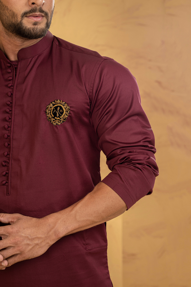 Cardinal Maroon Embroidered Cotton-Silk Kurta Pajama (2-Piece) - Image 2