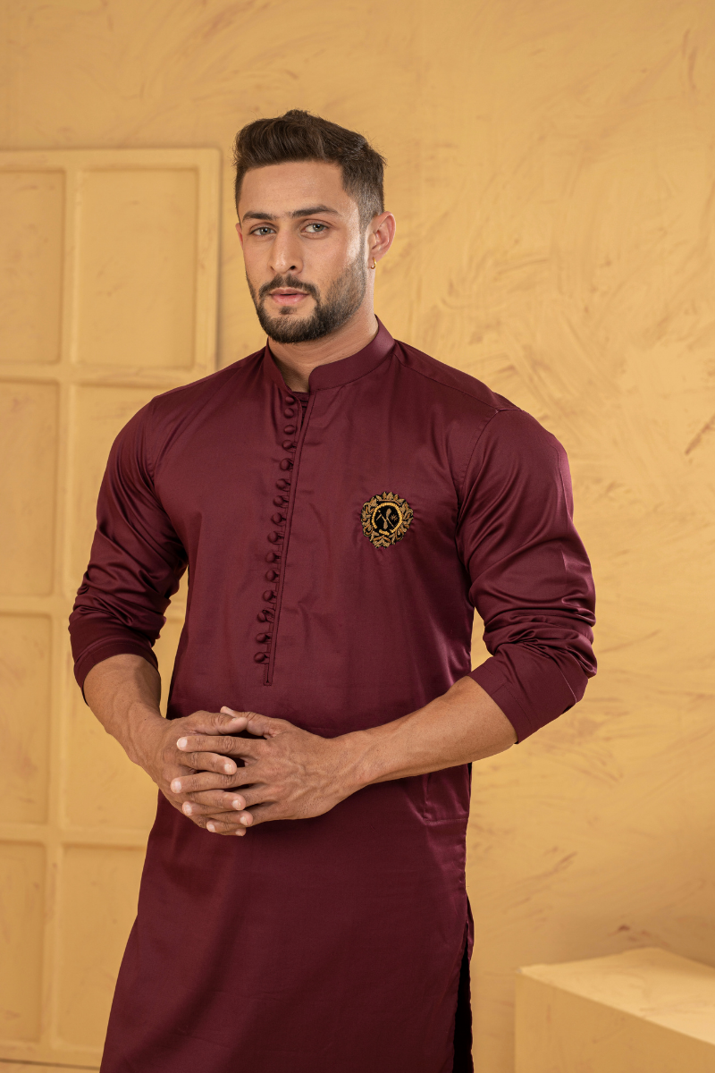 Cardinal Maroon Embroidered Cotton-Silk Kurta Pajama (2-Piece) - Image 3