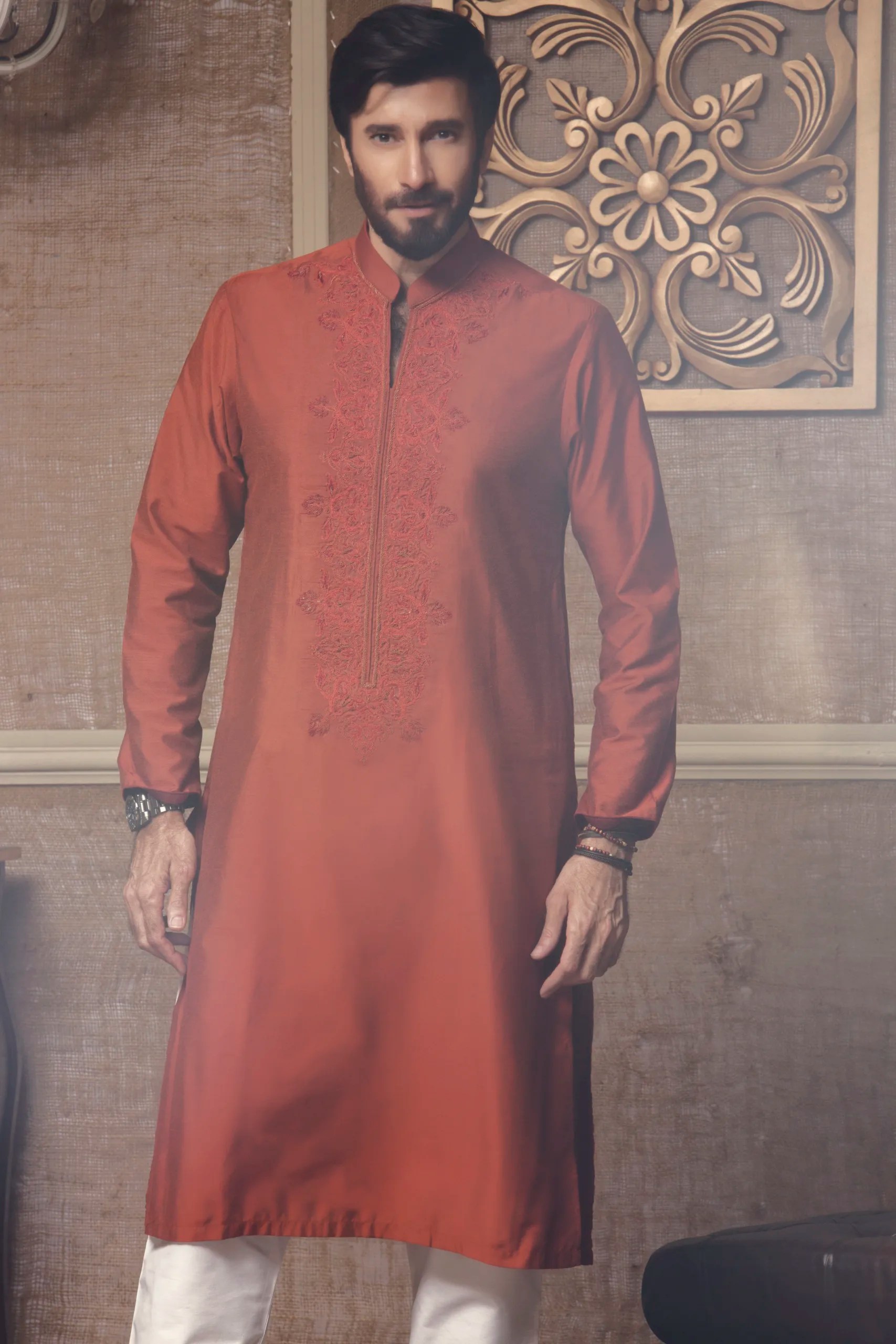 Maroon Embroidered Cotton-Silk Kurta (2-Piece) - Image 1