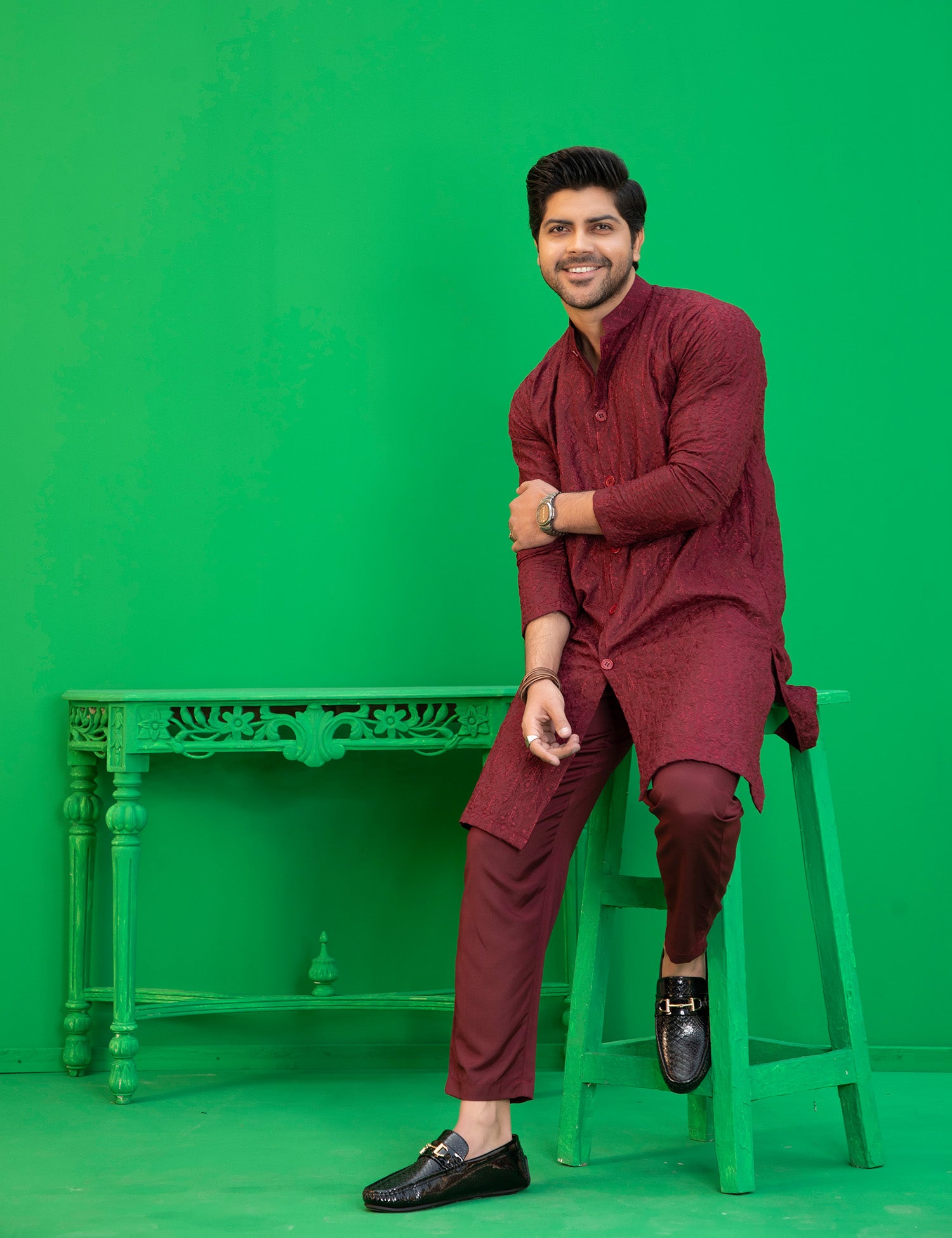 Maroon Embroidered Cotton-Silk Kurta (2-Piece) - Image 2