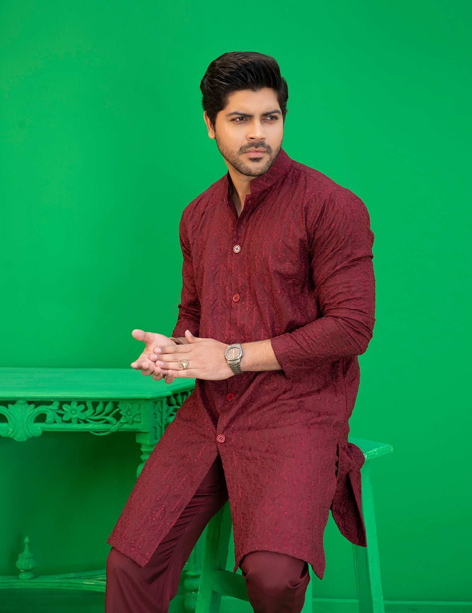 Maroon Embroidered Cotton-Silk Kurta (2-Piece) - Image 3